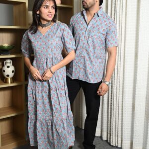 Couple Matching Sky Blue Cotton Anarkali Midi Dress and Shirt Set ? Pink Floral Print